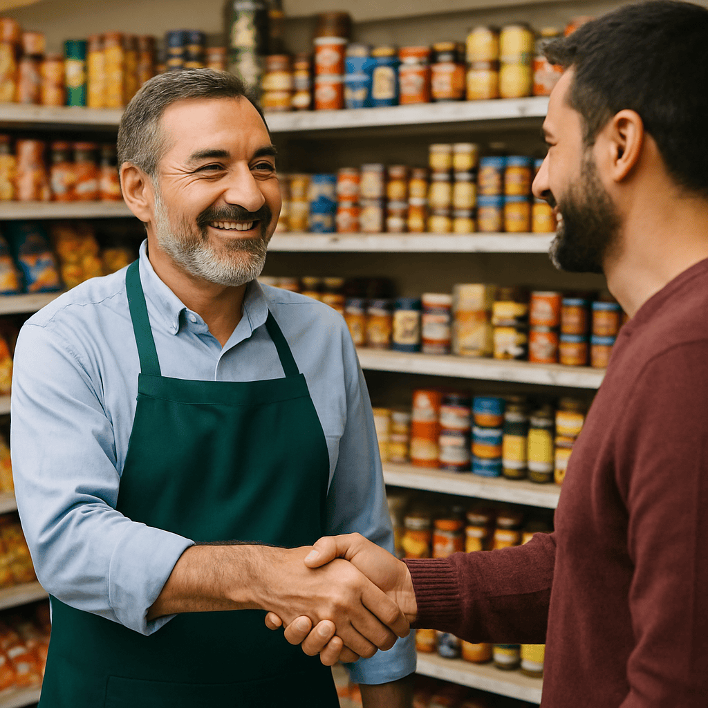 shop owner smiling in his supermarket, with shelves in the background.